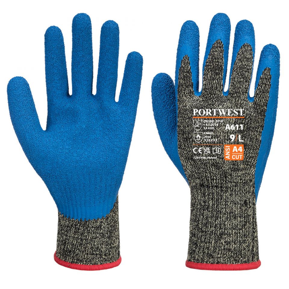 Aramid HR Cut Latex Glove A4, L, R, Black/Blue