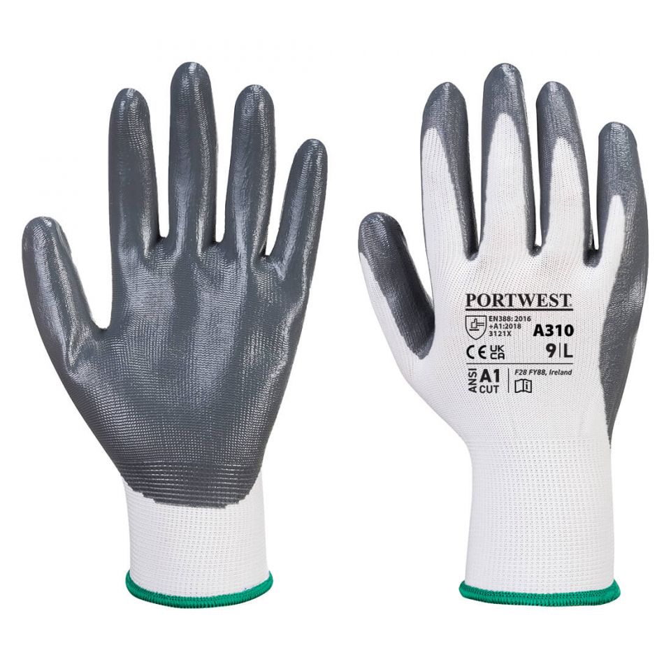 Flexo Grip Nitrile Glove, L, W, Gray/White