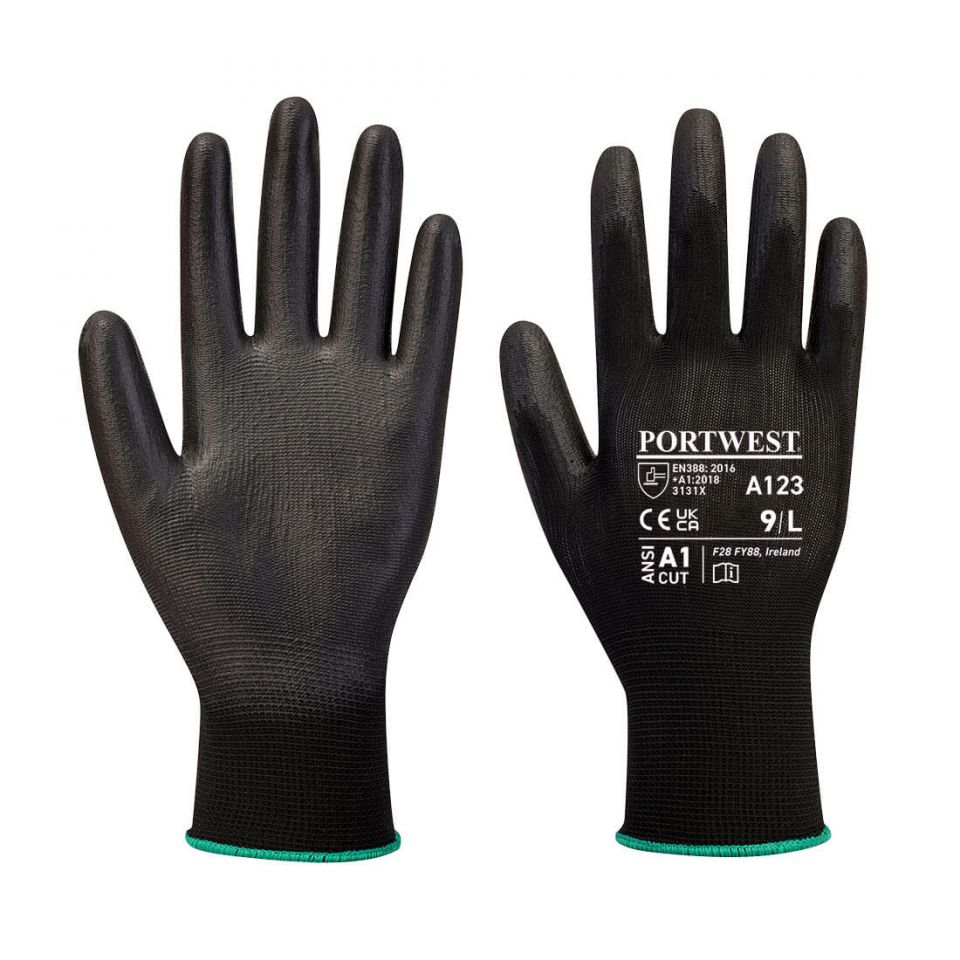 Latex Free PU Palm Glove - Full Carton (144), L, R, Black