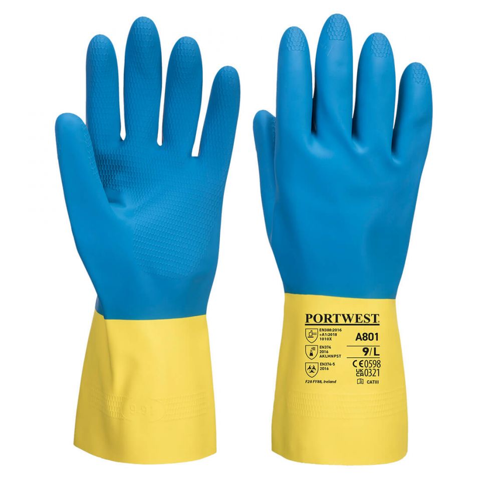 Double Dipped Latex Gauntlet, L, R, Yellow/Blue